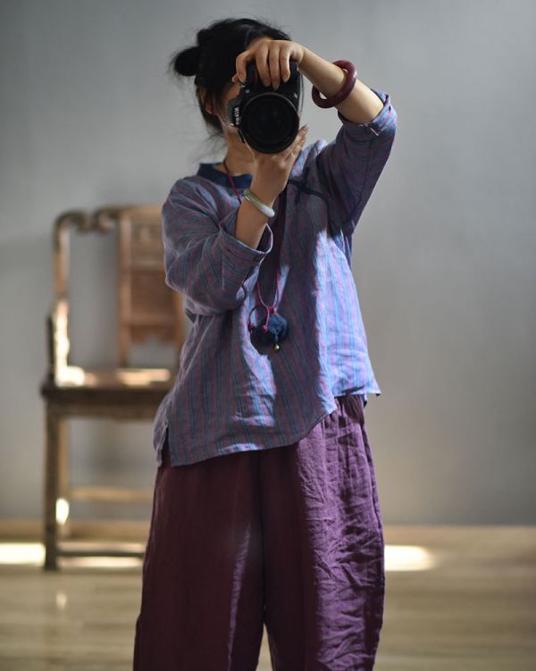 燕燕~棉麻商品~日系森林系~亞麻材質 寬鬆手工縫製盤扣上衣 長袖棉麻衫 