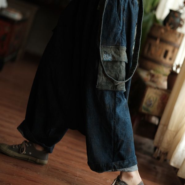 燕燕~復古文藝手工髒染吊檔休閒背帶褲  長褲   ab234701 