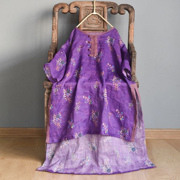 燕燕~棉麻商品~純苧麻材質 數碼印花盤扣中長款前短後長上衣 洋裝 連身裙 