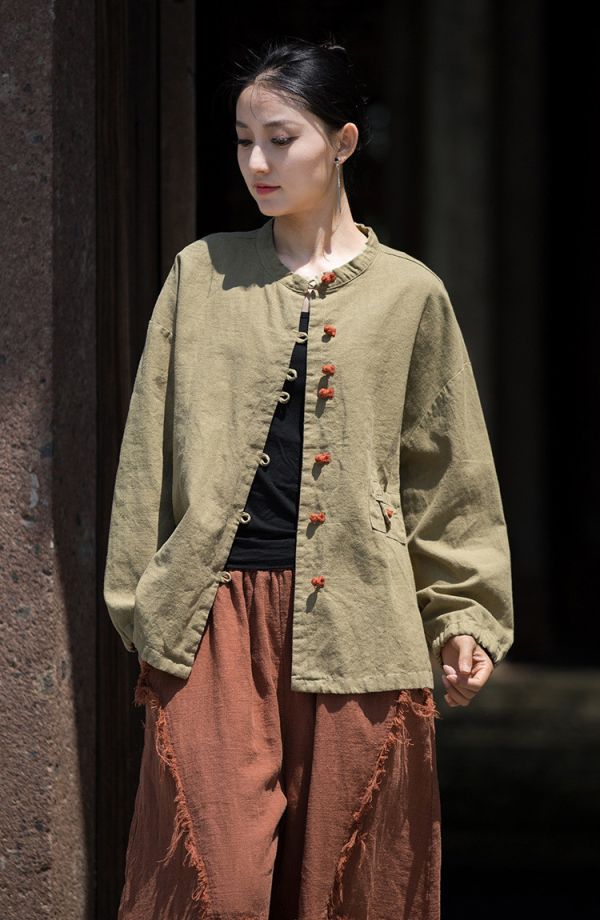 燕燕~秋冬新品～苧麻拼色盤扣對襟開衫上衣外套 