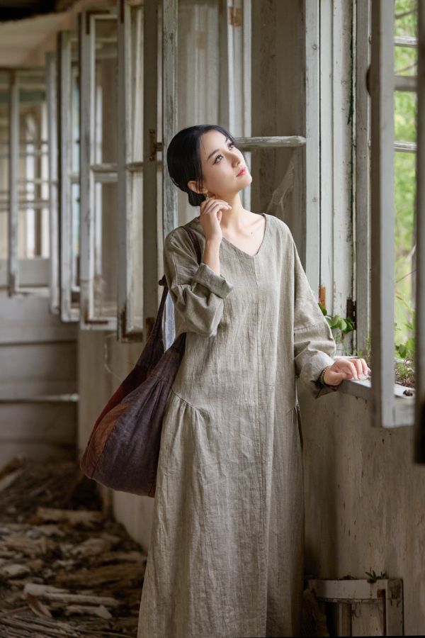 燕燕~秋冬新款 苧麻棉紮染洋裝連身裙 