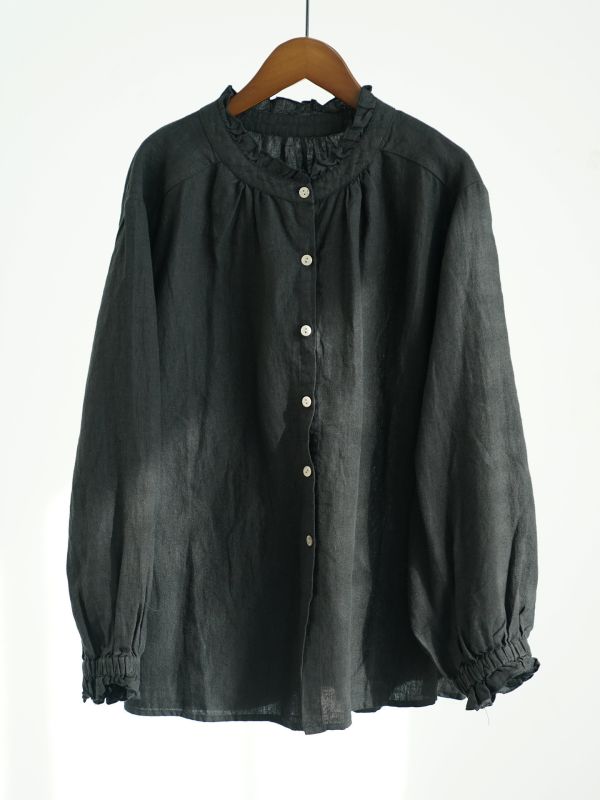 燕燕~秋冬款 天然亞麻法式小高領襯衫田園生活復古溫柔兩穿上衣 ab2533001 
