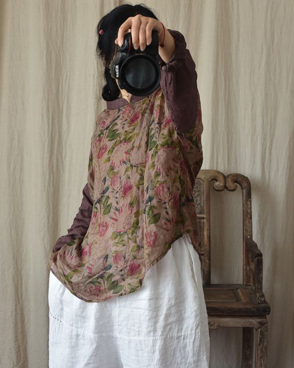 燕燕~春夏秋款  復古印花   寬鬆文藝長袖苧麻上衣 