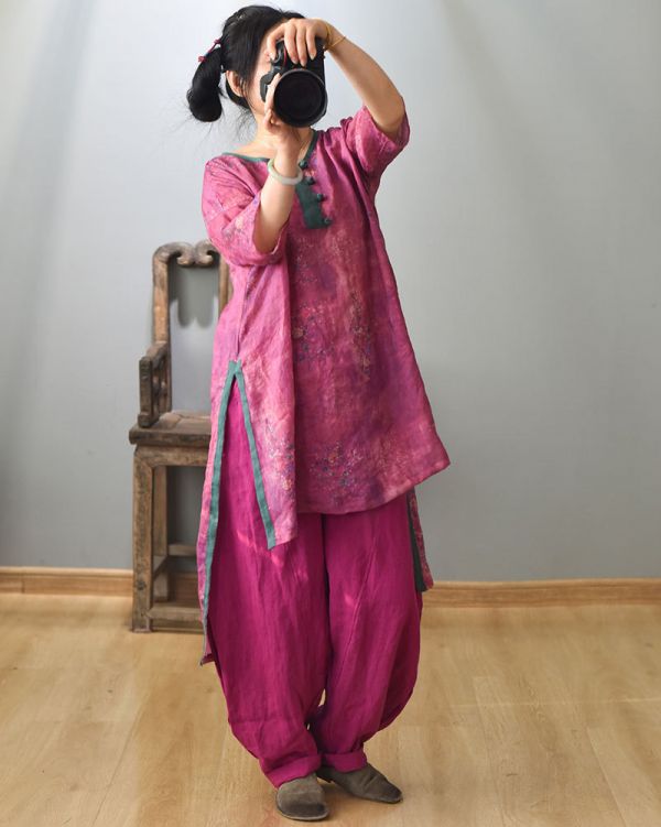 燕燕~棉麻商品~純苧麻材質 數碼印花盤扣中長款前短後長上衣 洋裝 連身裙 