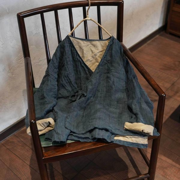 燕燕~春秋款 色織肌理感亞麻 傳統交領繫帶百搭襯衫 長袖上衣開襟衫 