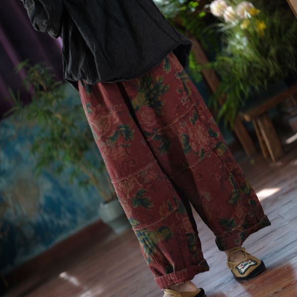 燕燕~復古文藝毛邊休閒褲寬鬆鬆緊腰闊腿褲 直筒褲 ab215101 (花色款） 