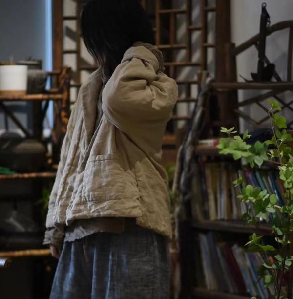 燕燕~棉麻商品~亞麻 中式改良斜襟寬鬆小衫上衣。 長袖棉麻衫 
