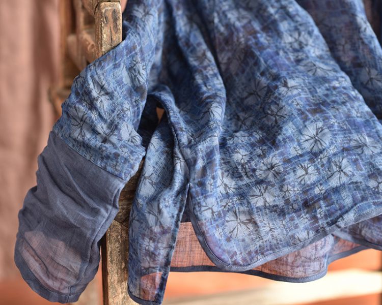 燕燕~棉麻商品~苧麻 香雲紗印花款  禪意茶服 襯衫 藍上衣 