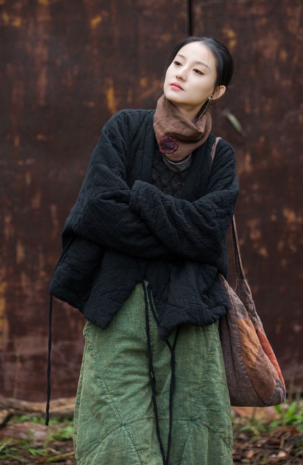 燕燕~秋冬新款  夾棉絎縫保暖棉服文藝隨性禪意風菱格女式短棉衣外套 