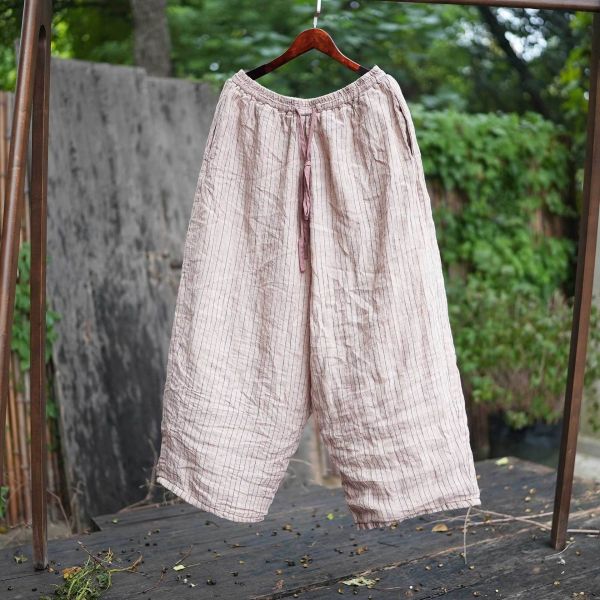 燕燕～亞麻 條紋色織鬆緊腰寬鬆顯瘦百搭直筒褲 長褲 