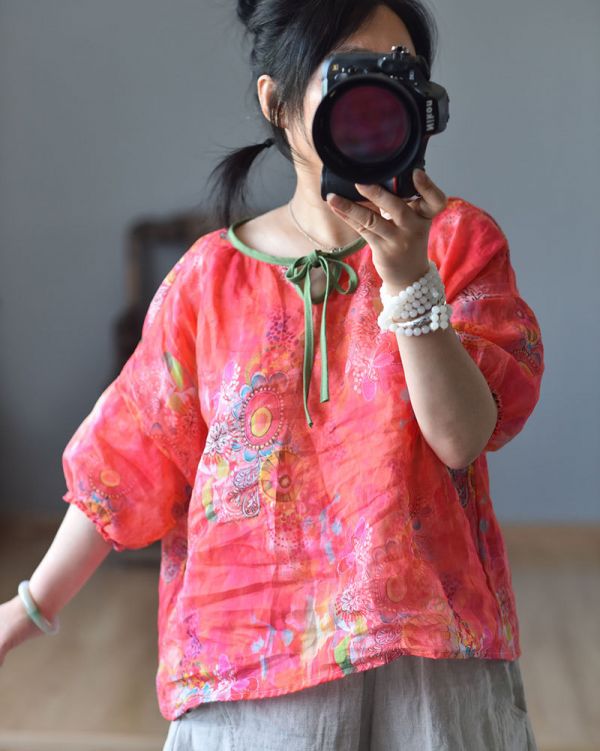 燕燕~棉麻商品~純苧麻材質 印花小衫 燈籠袖圓領繫帶泡泡袖設計上衣 襯衫 短袖棉麻衫 