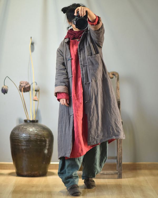 燕燕~亞麻~秋季新款 復古文藝長版加棉保暖中式棉襖棉衣 外套 