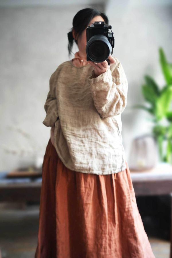 燕燕~ 四季款 色織亞麻文藝復古圓領上衣 