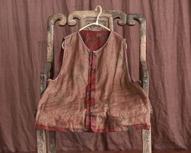 燕燕~棉麻商品~亞麻 香雲紗印花復古盤扣開衫背心 