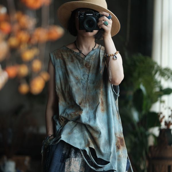 燕燕~夏季款式 復古手工植物染棉料V領背心 