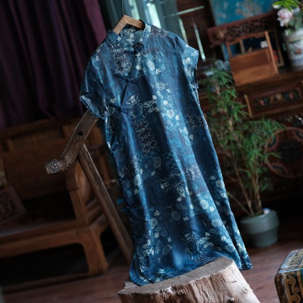 燕燕～夏季新款. 純苧麻. 數碼印花立領盤扣 洋裝 連身裙。ab133301 
