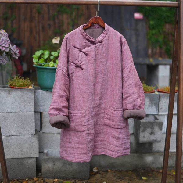 燕燕~冬季 色織亞麻加厚棉 手工縫線中長棉衣大口袋棉服棉襖外套 