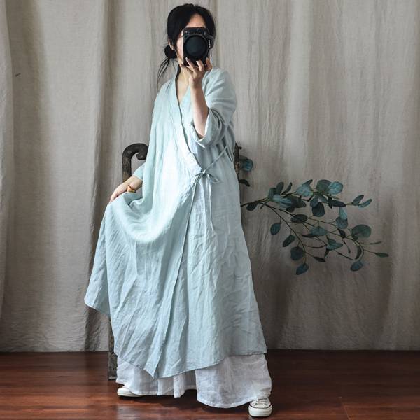 燕燕~棉麻商品~苧麻材質 交領繫帶漢服瑜伽服禪服長款外套 可當洋裝 連身裙 