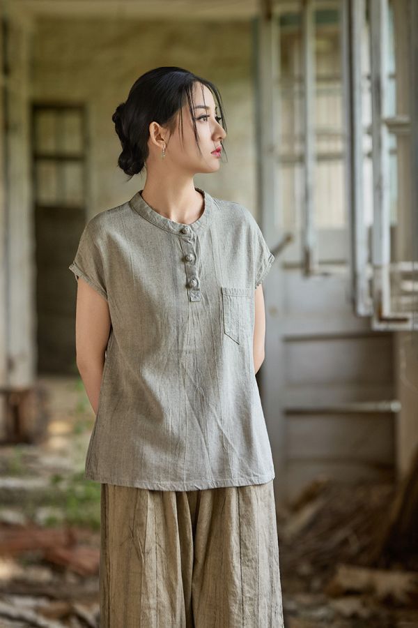 燕燕~秋季新款～亞麻紮染改良新中式盤扣文藝百搭女式短袖T恤 上衣 