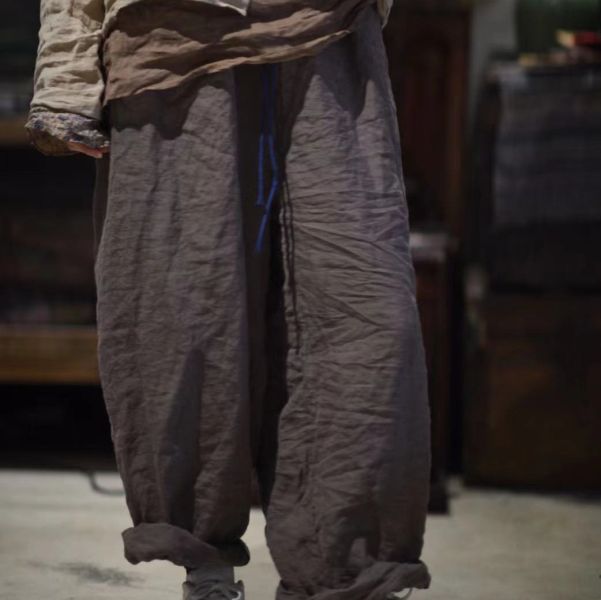 燕燕~砂洗加厚苧麻    撞色抽繩文藝復古休閒百搭寬鬆長褲 