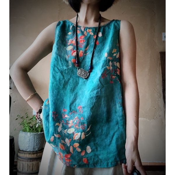 燕燕～純苧麻 百搭水洗印花寬鬆背心 上衣 