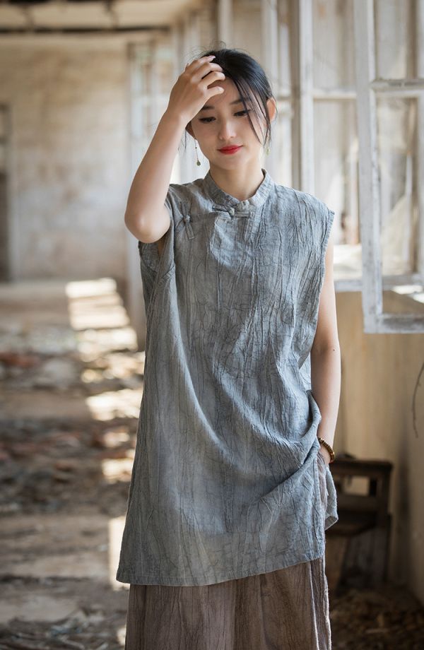 燕燕~莧麻薄款 夏季新款 全新中式盤扣無袖紮染上衣 