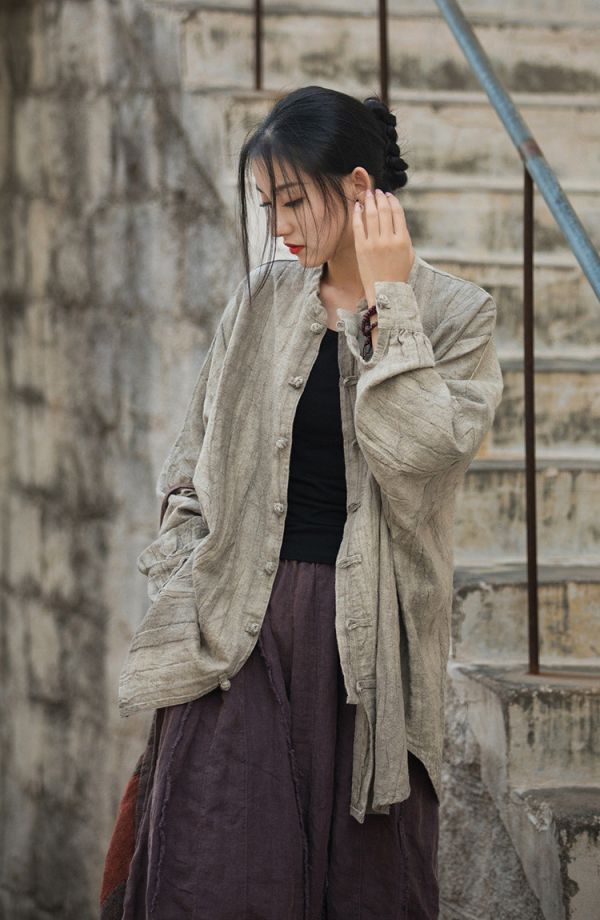 燕燕~夏秋棉麻棉麻商品~苧麻   紮染做舊砂洗改良禪系茶服開襟衫上衣 外套 長袖棉麻衫 