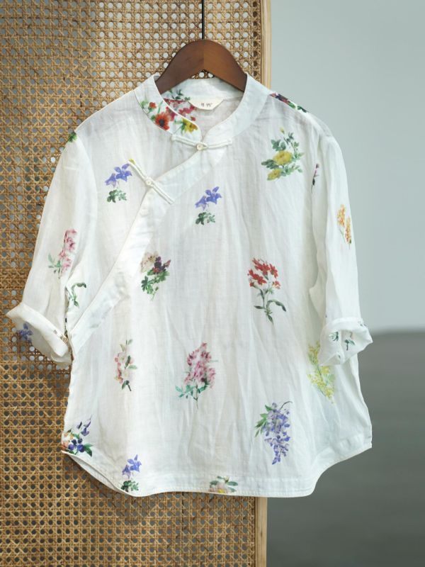 燕燕~夏季新款 立領斜襟苧扣襯衫 復古文藝短衫花朵印花茶服上衣 ab2508201 