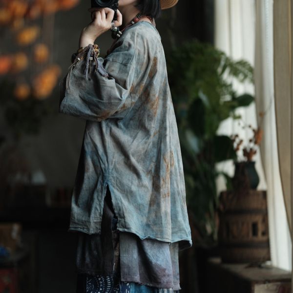 燕燕~復古手工植物染針織棉寬鬆百搭打底T恤 上衣 ab237201 