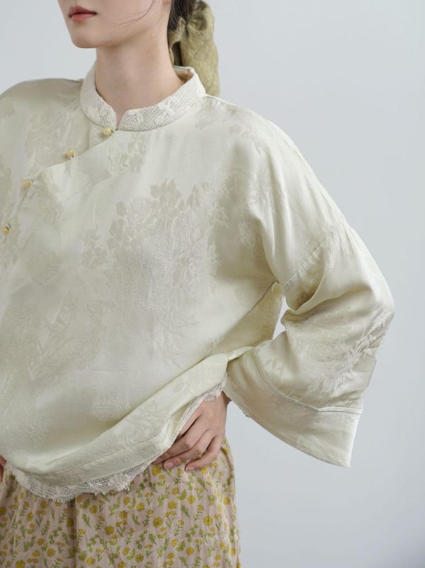燕燕棉麻～全新夏款 人絲提花襯衫 光澤感珠扣茶服上衣 ab2505401 