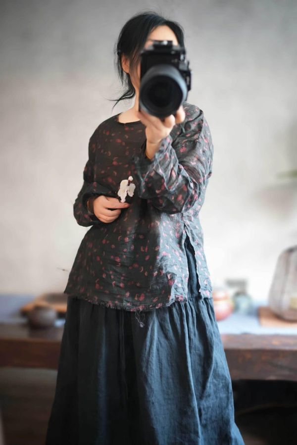 燕燕~夏季中式亞麻 復古寬鬆中式上衣女款圓領上衣 