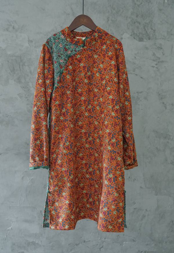 燕燕棉麻～數碼印花燈芯絨材質  長旗袍國風文藝趣味撞色洋裝 連身裙  ab2137201 