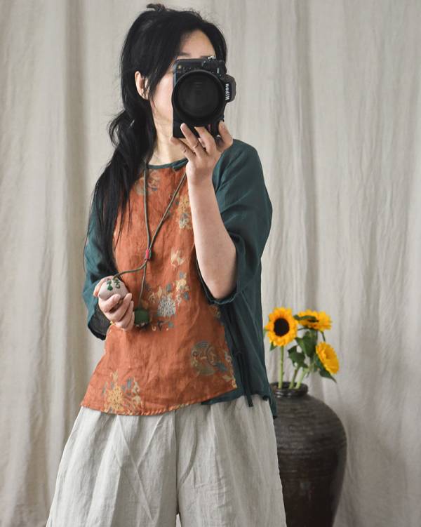 燕燕~棉麻商品 苧麻材質 拼布斜襟盤扣上衣 短款小衫中袖繫帶襯衫 短袖棉麻衫 