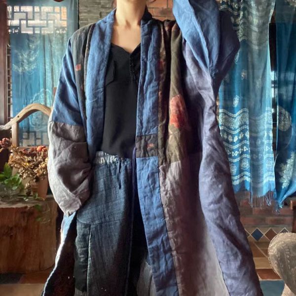 燕燕~秋冬新款 純亞麻   寬鬆繫帶拼布棉衣外套棉袍 長外套 大衣。 ab193001 