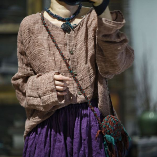 燕燕~苧麻~休閒純色長袖砂洗開襟衫小衫 外套 