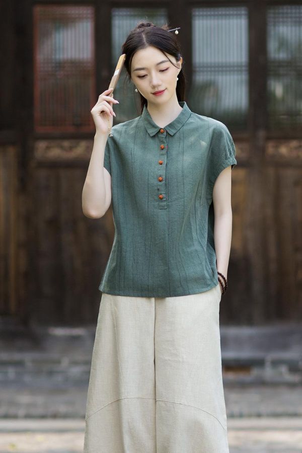 燕燕~夏季新款 文藝復古翻領落肩時尚休閒百搭上衣 短袖苧麻襯衫 