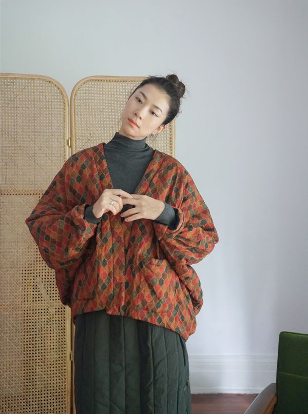 燕燕~棉麻商品~亞麻 復古印花蝙蝠袖棉衣 保暖加厚棉襖外套.  ab2130501 
