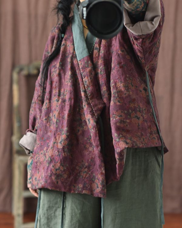 燕燕~棉麻商品~亞麻材質 印花 繫帶夾棉短棉襖 棉衣外套 