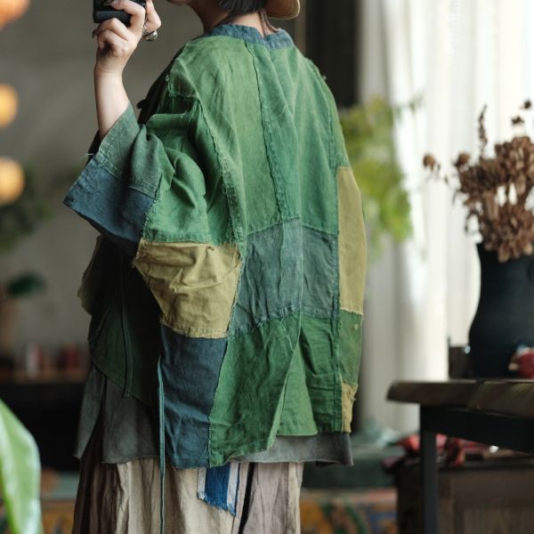 燕燕~春季新款~輕訂製毛邊斜襟盤扣寬鬆拼接麻衫 上衣。ab208501 