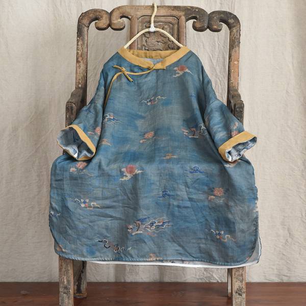 燕燕~棉麻商品 苧麻材質 印花中長款茶服襯衫 復古傳統手工縫盤扣上衣  