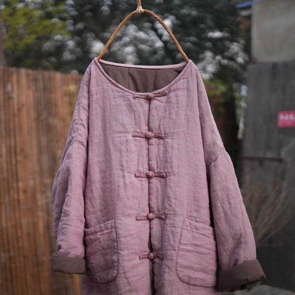 燕燕～秋冬款 色織亞麻 純手工縫製盤扣中長款棉衣大口袋棉服外套 