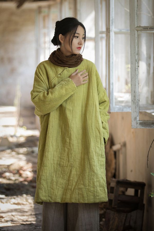 燕燕~秋冬新品 苧麻炒色夾棉加厚復古改良禪意風女式中長棉衣上衣 