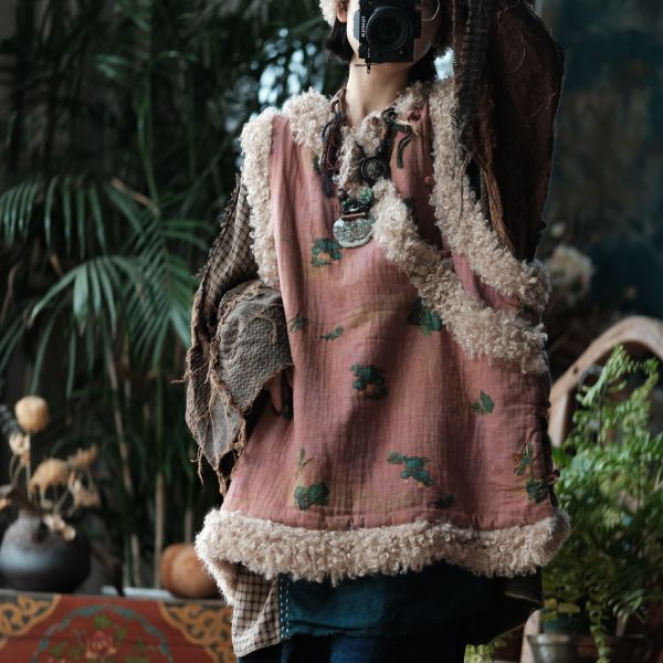 燕燕 復古斜襟盤扣羊捲毛夾棉背心棉衣棉服外套 ab2224101 