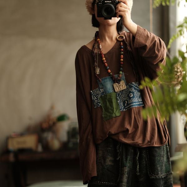 燕燕~秋冬新款 設計女裝文藝復古純棉寬鬆打底貼布T恤 HX011801 