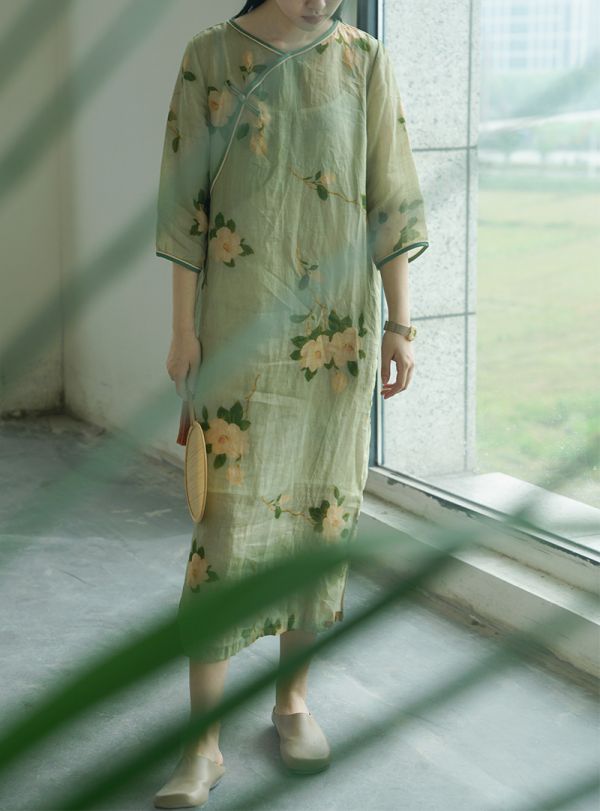 燕燕~斜襟數碼印花 清透長裙 洋裝 連身裙 ab2221201 