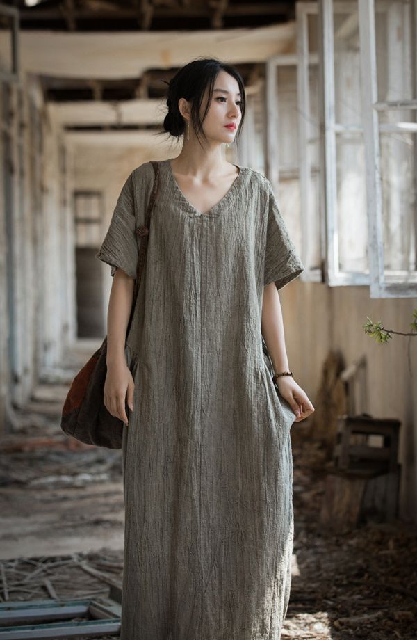 燕燕~亞麻~夏季棉薄款   紮染文藝長裙 洋裝 連身裙 