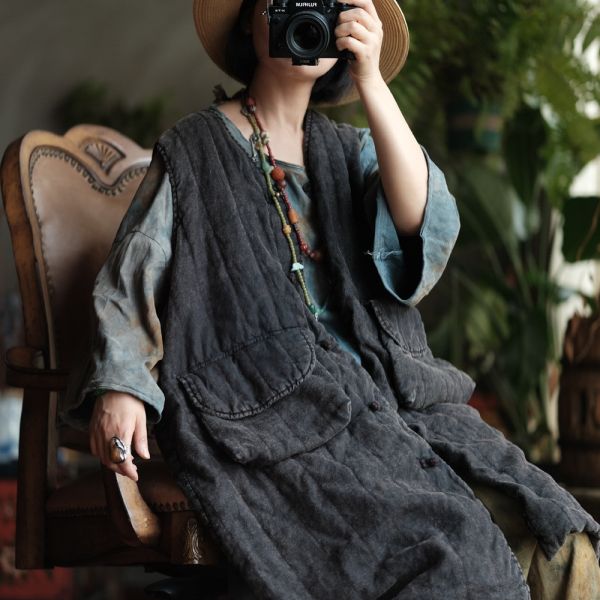 燕燕~棉麻商品~設計復古文藝小眾棉麻寬鬆口袋棉長背心  ab191701 