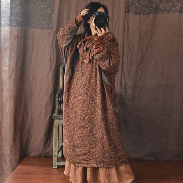 燕燕~秋季  砂洗做舊斜襟盤扣亞麻時髦花色 寬鬆洋裝 連身裙 