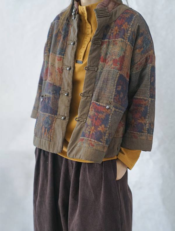 燕燕棉麻～數碼印花款 對襟加厚棉衣外套  ab2143501 