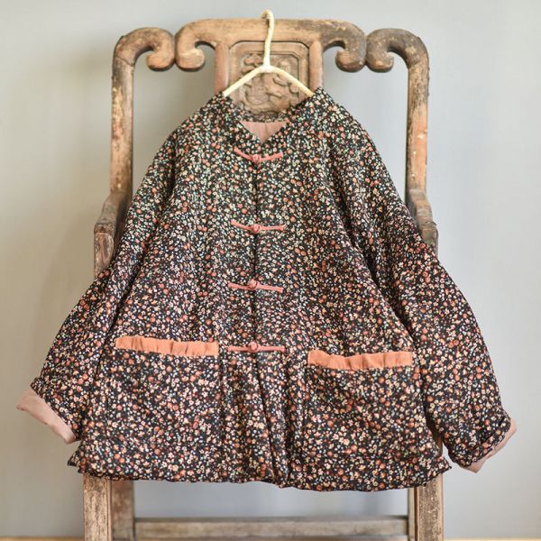 燕燕~秋冬款。手工縫製盤扣開衫棉服 復古小碎花短款棉衣外套 